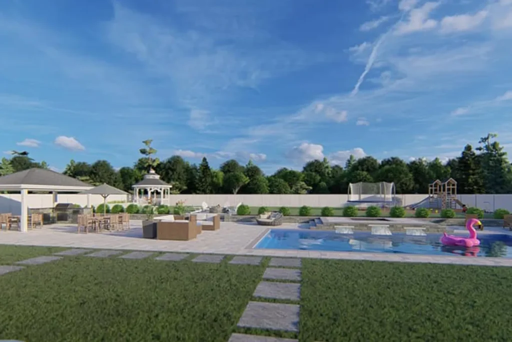 Covered pavilion overlooking a pool and lawn